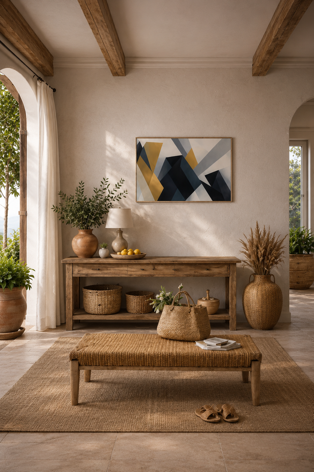 Modern abstract framed poster in rustic Mediterranean interior with wooden console and woven decor accents