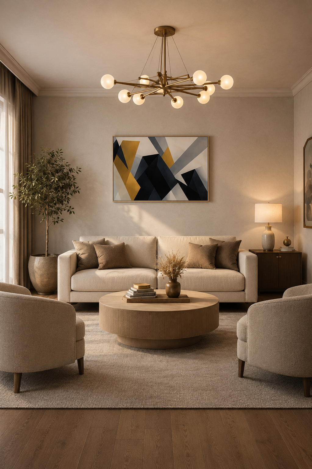 Geometric abstract poster in warm neutral living room with beige sofa and modern round coffee table