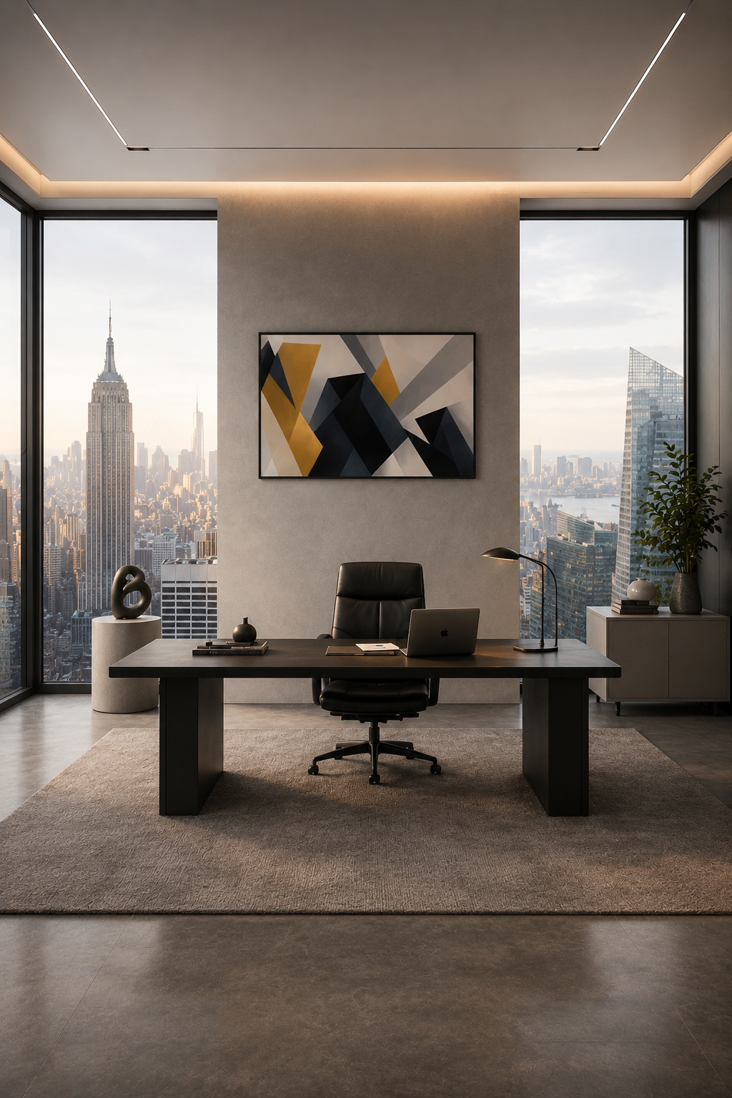 Framed geometric wall art in modern executive office with city skyline view and minimalist black desk
