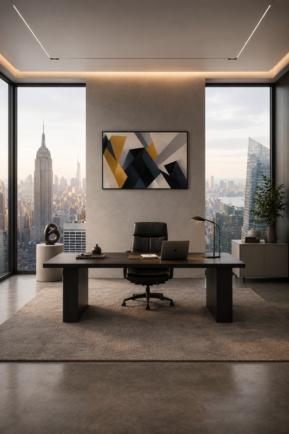 Framed geometric wall art in modern executive office with city skyline view and minimalist black desk