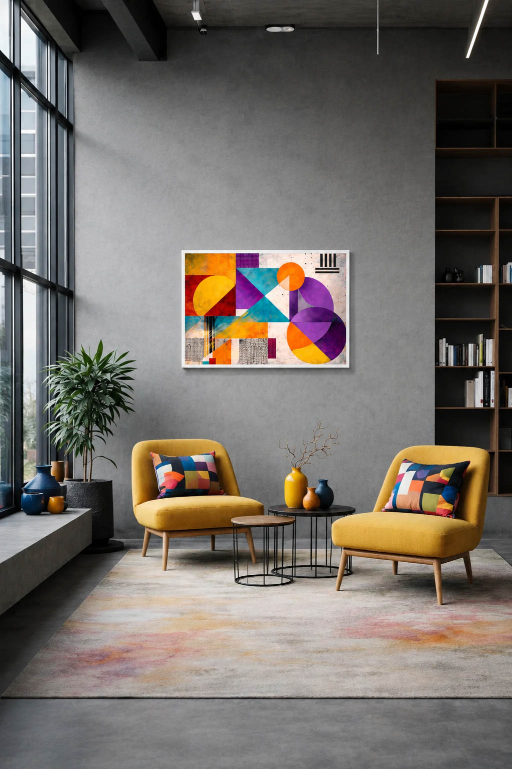 Colorful geometric wall art poster in contemporary industrial living room with mustard accent chairs and neutral decor