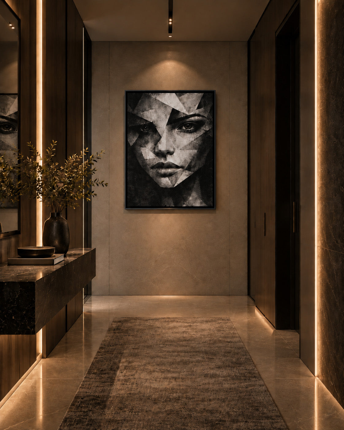 Geometric face artwork displayed in a moody minimalist hallway