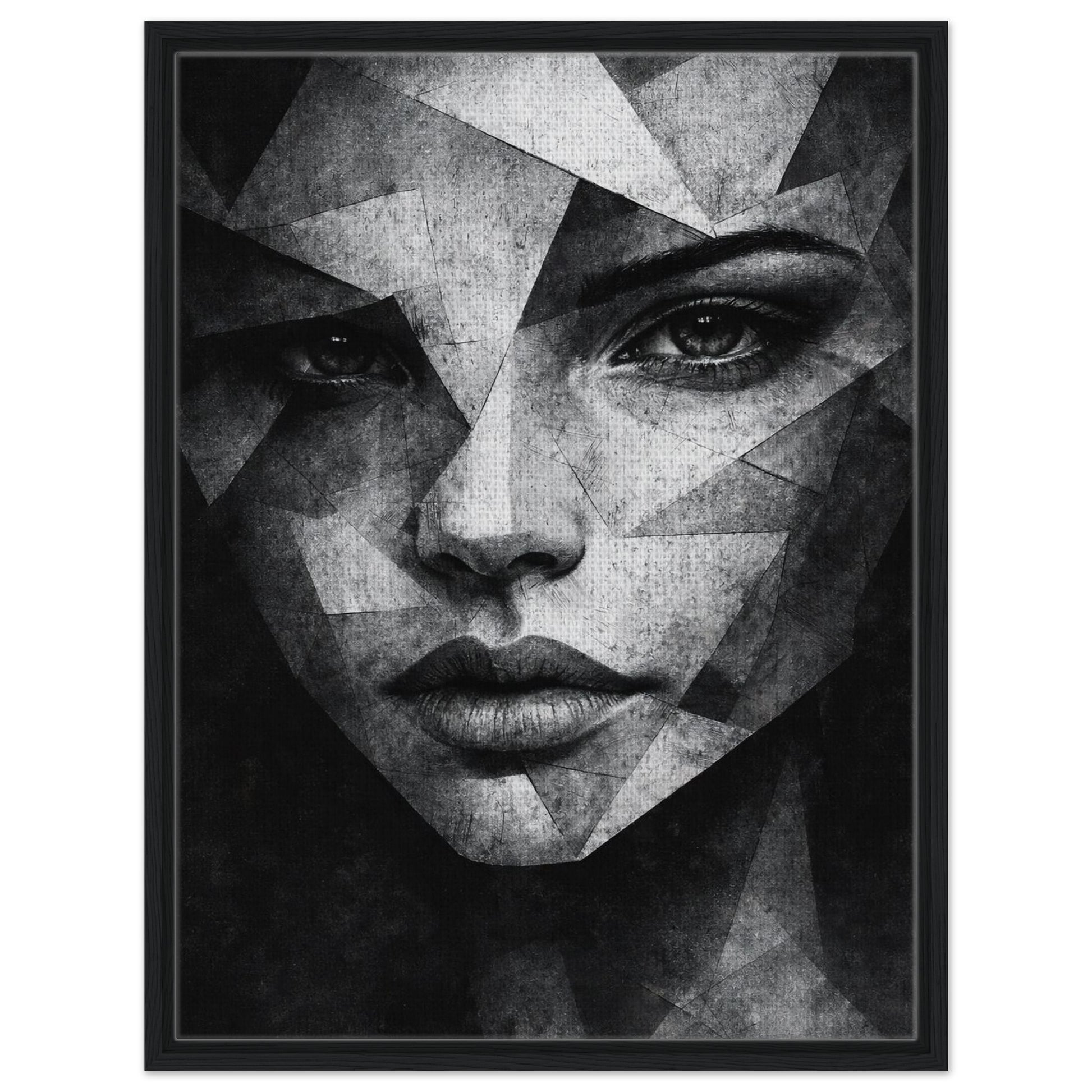 Geometric female portrait wall art in dramatic black and white tones