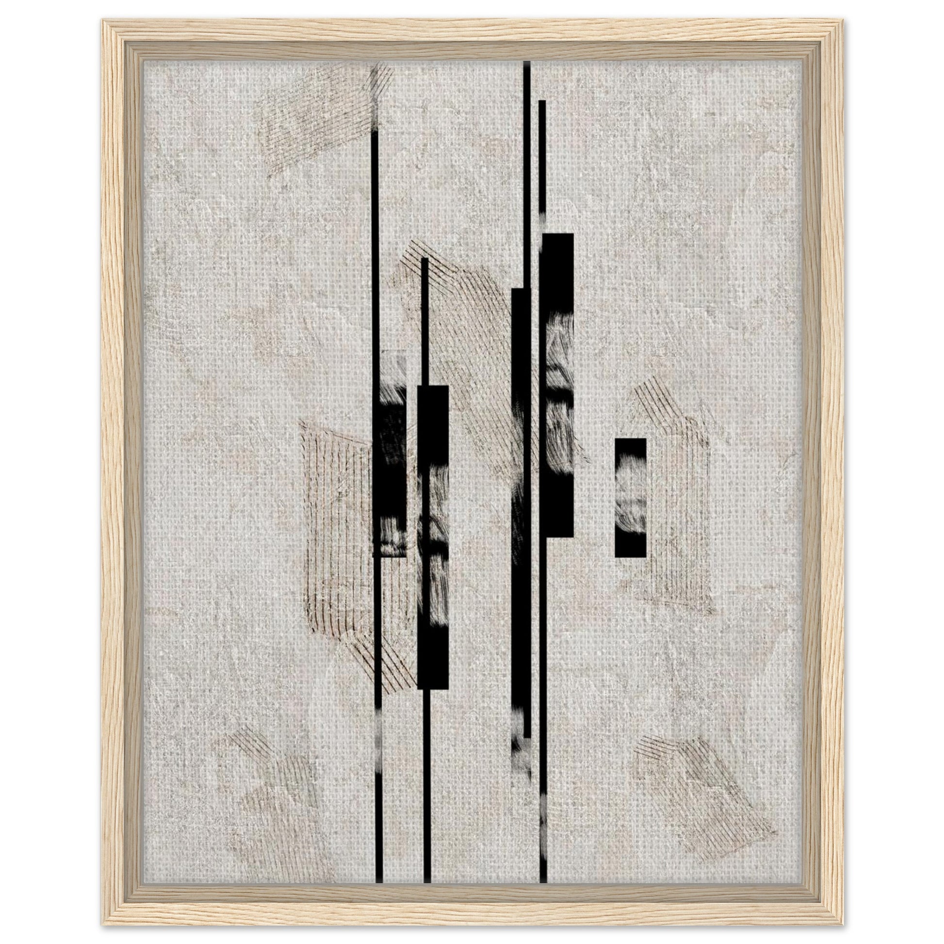 Geometric neutral canvas art with bold black vertical forms in a dark wood frame