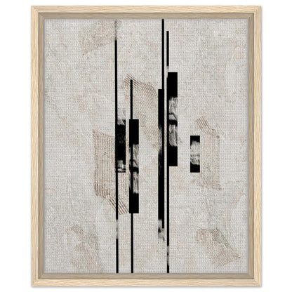 Geometric neutral canvas art with bold black vertical forms in a dark wood frame