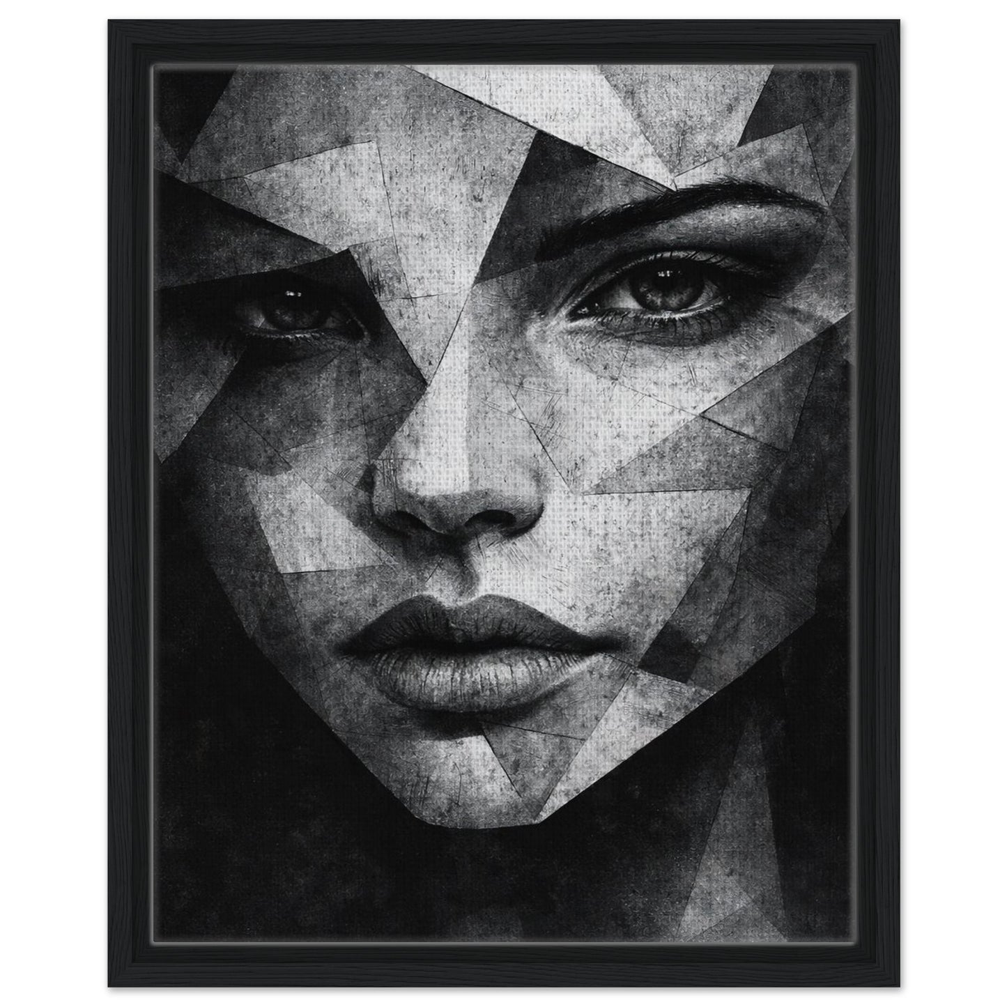 Geometric woman wall art in monochrome tones with natural wood frame