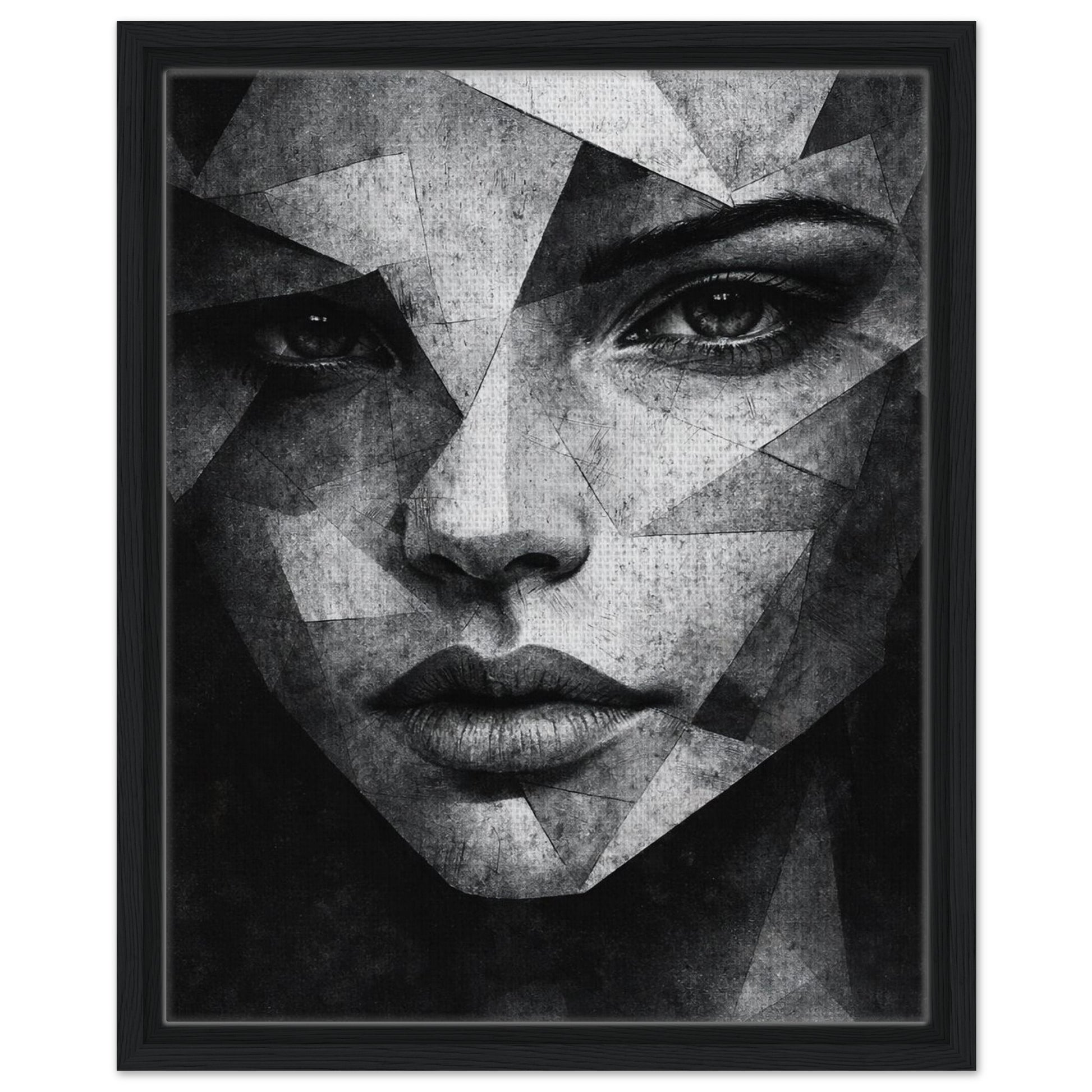 Geometric woman wall art in monochrome tones with natural wood frame