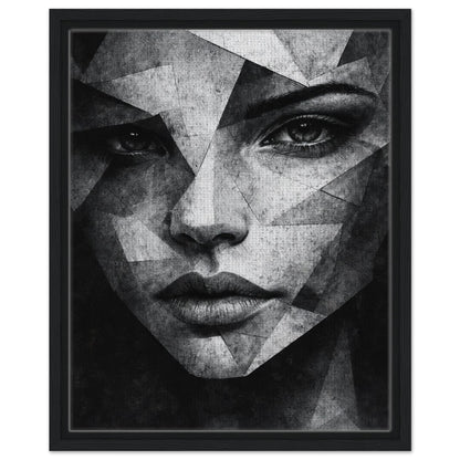 Geometric woman wall art in monochrome tones with natural wood frame