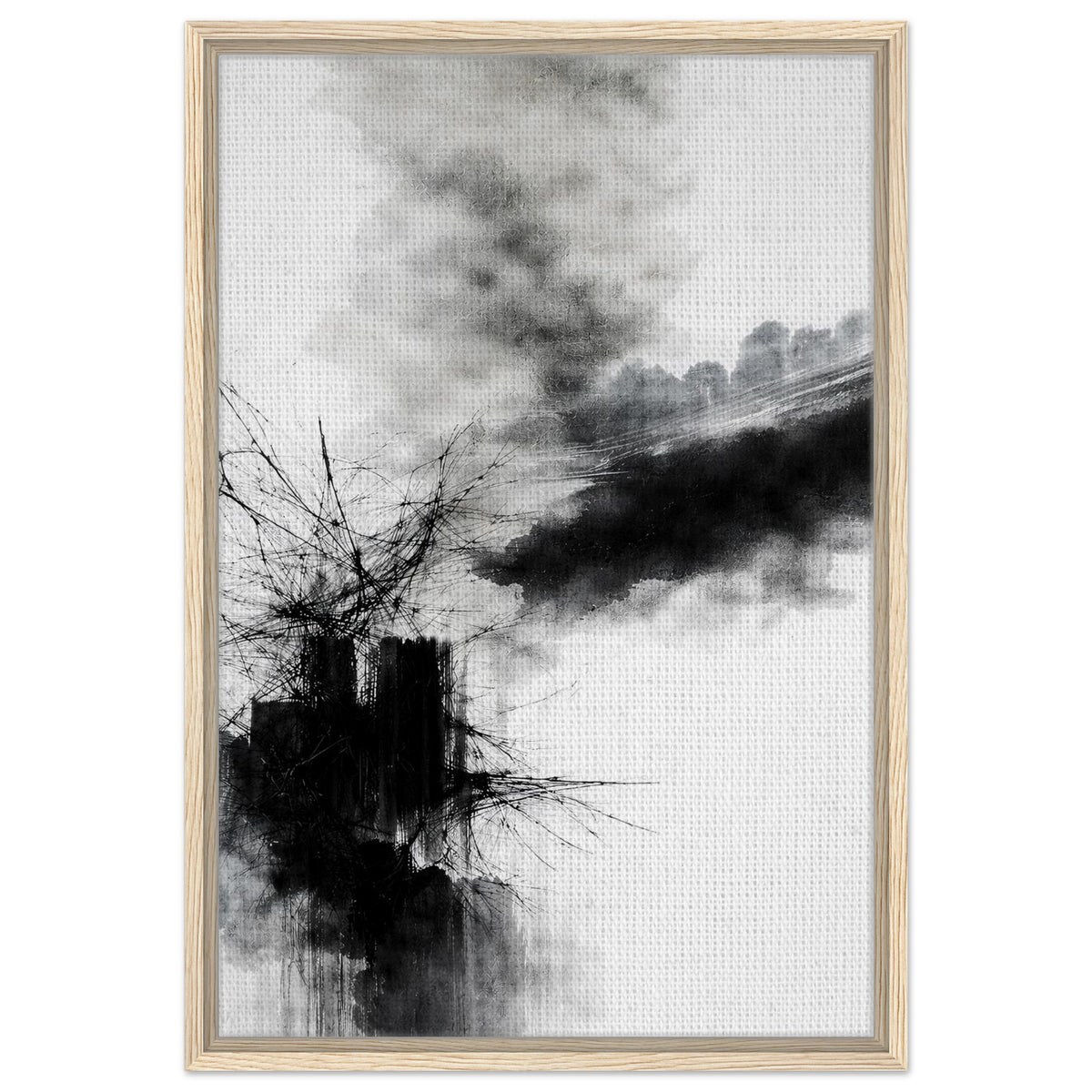 Gestural black ink artwork with expressive brush marks in a natural wood frame