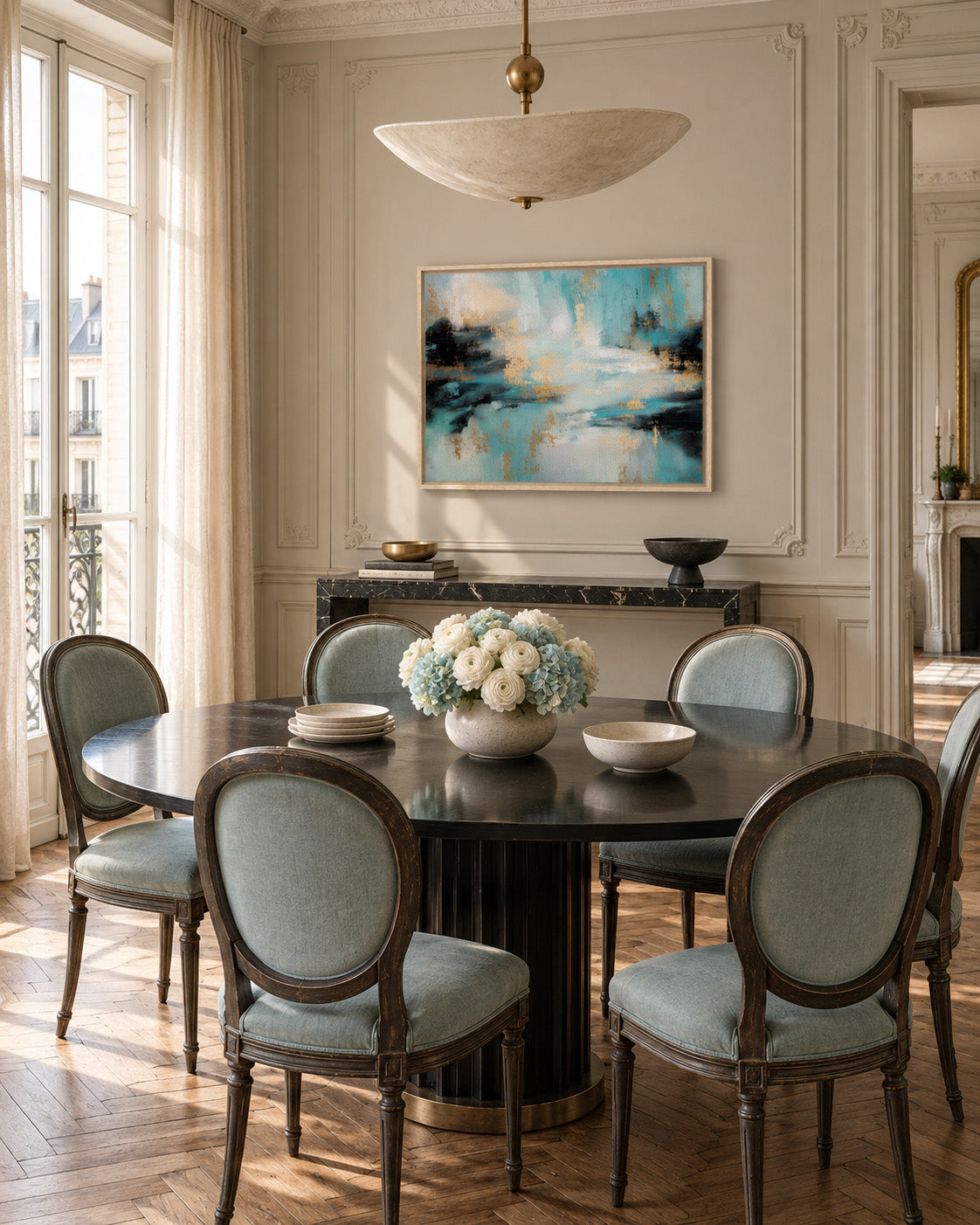 Gilded Tide teal abstract framed canvas displayed above a console in an elegant dining room