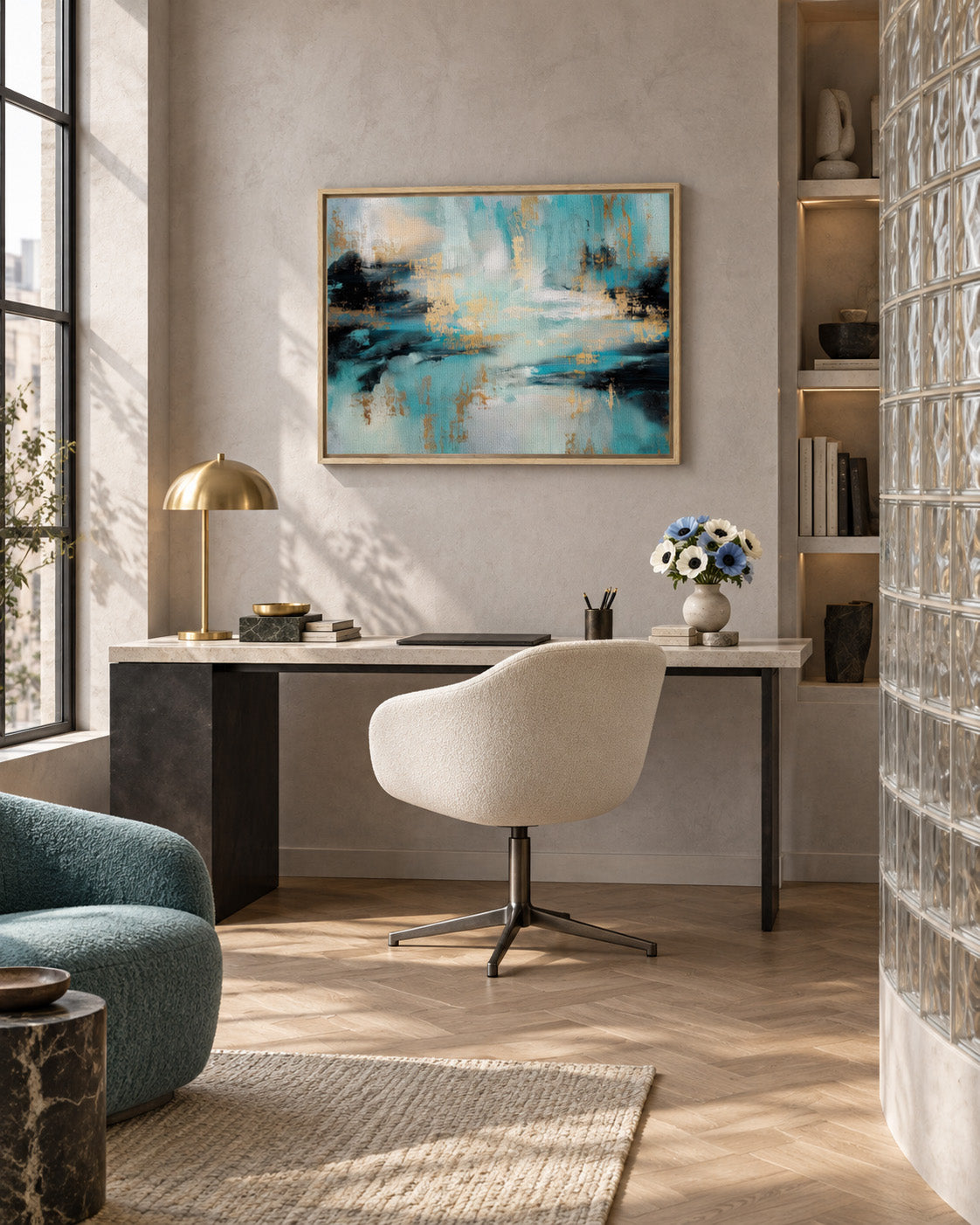 Gilded Tide teal abstract framed canvas displayed above a desk in a bright modern home office