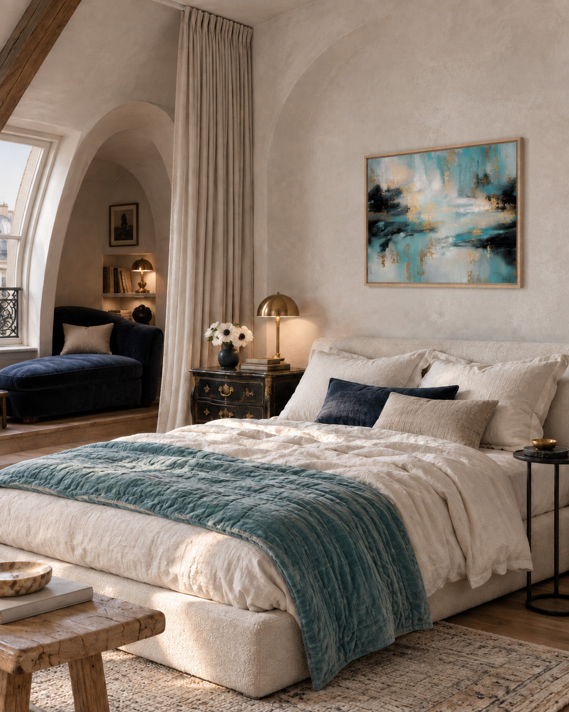 Gilded Tide teal abstract framed canvas displayed above a bed in a warm modern bedroom