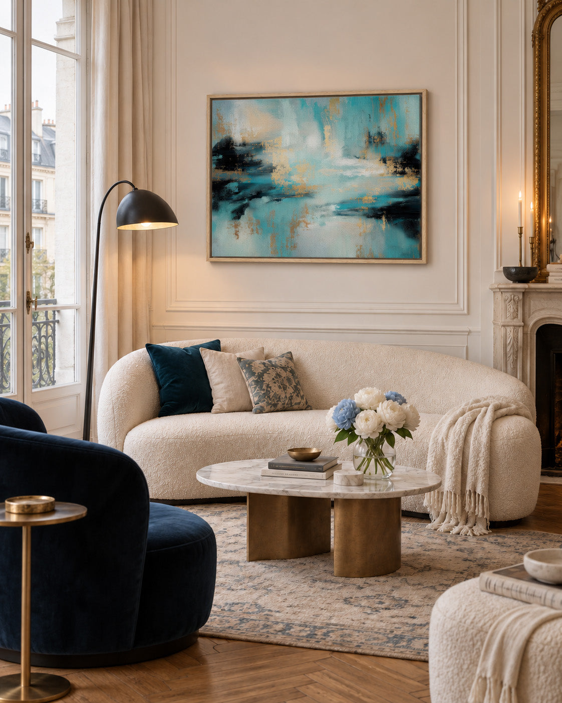 Gilded Tide teal abstract framed canvas displayed above a sofa in a bright modern living room