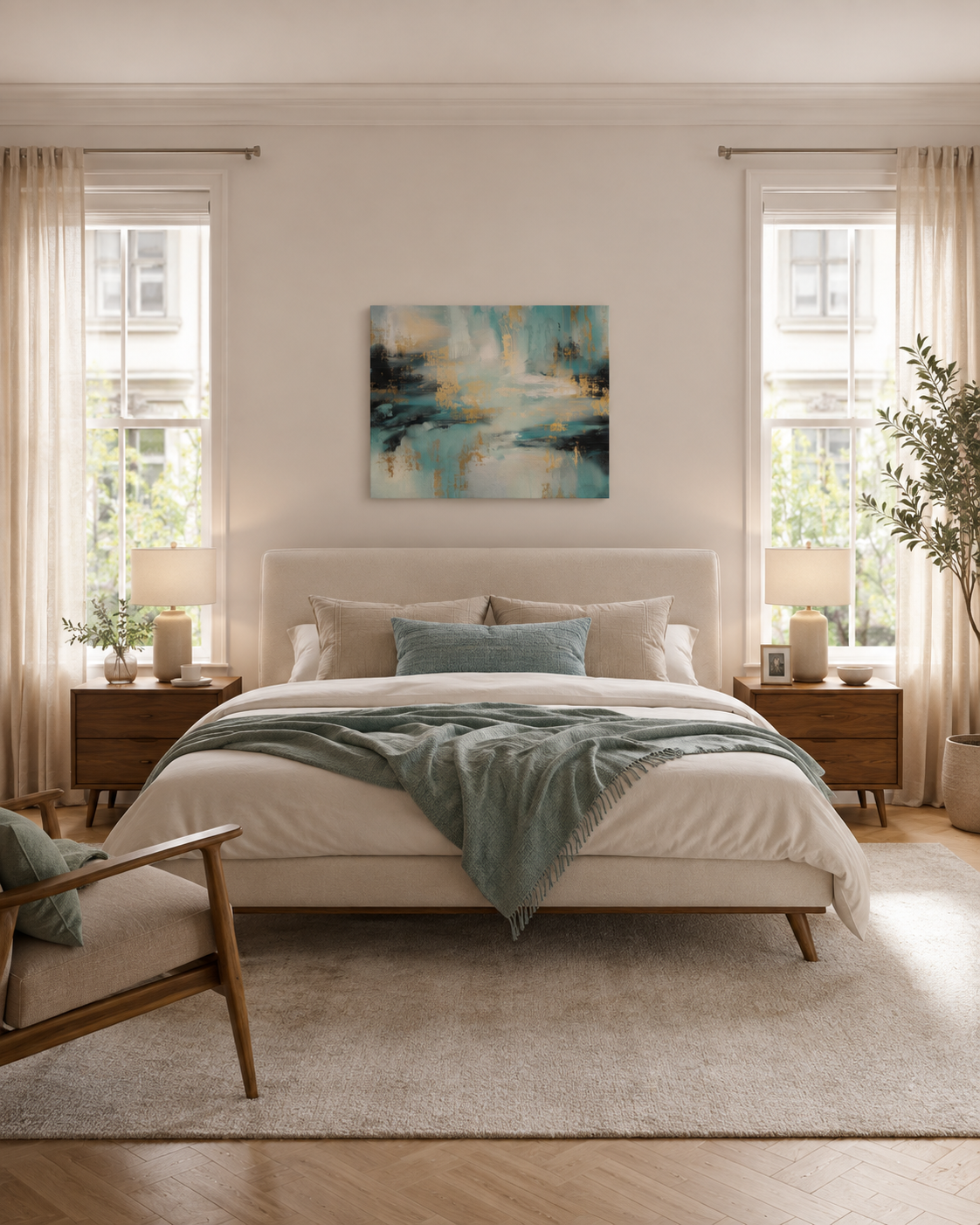 Gilded Tide teal abstract canvas above the bed in a bright Scandinavian bedroom