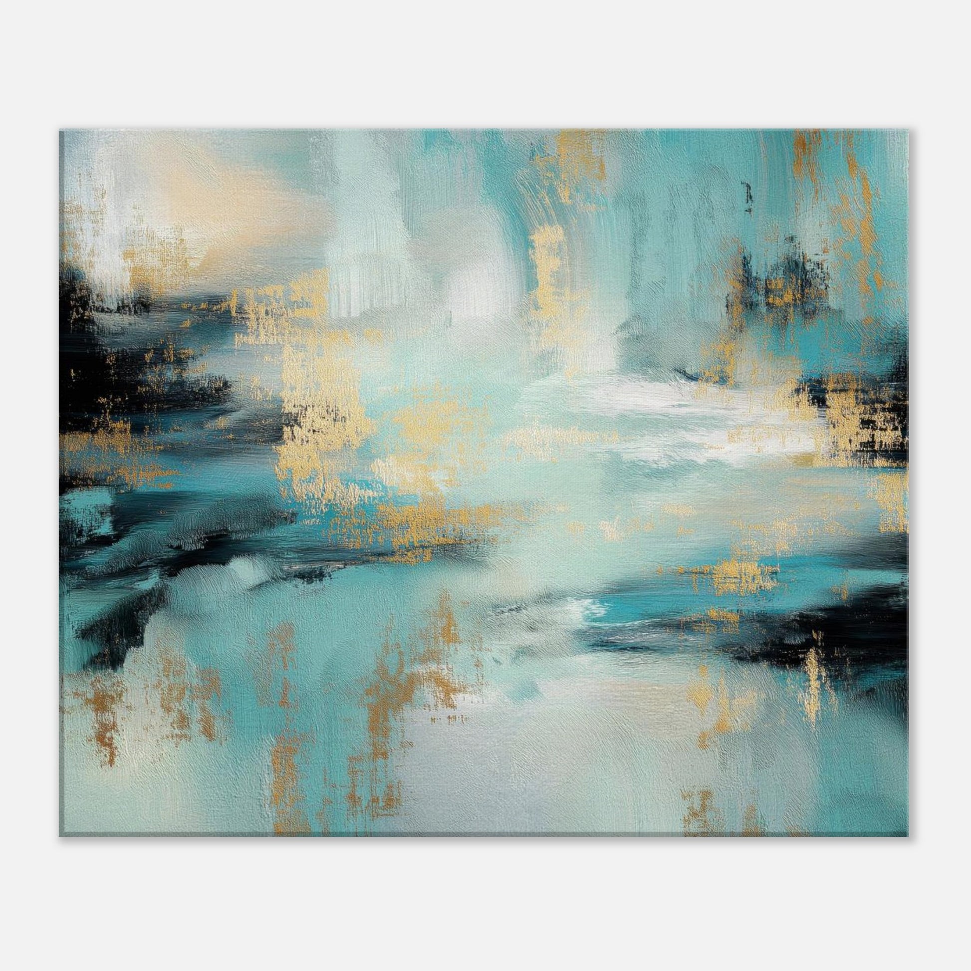 Closer view of the gold accents and textured brushstrokes in the Gilded Tide teal abstract canvas print