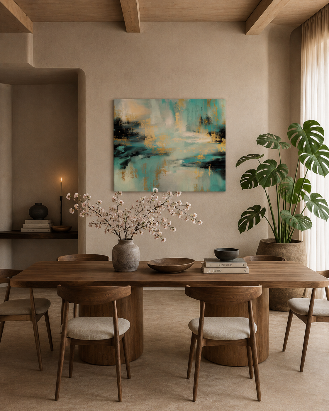 Gilded Tide canvas print on a dining room wall above a wooden table and rattan chairs
