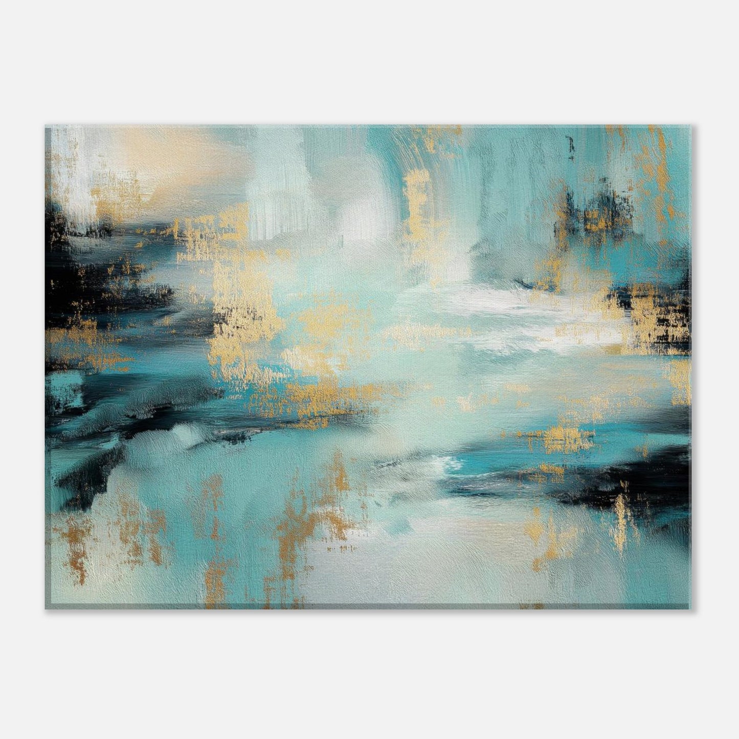 Front view of the Gilded Tide teal abstract canvas print showing layered turquoise, white and cream washes