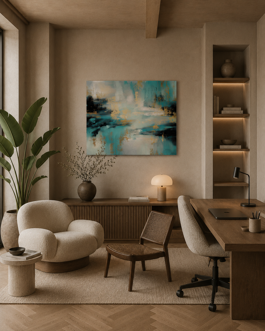 Gilded Tide canvas print in a home office above a lounge chair and built-in shelving