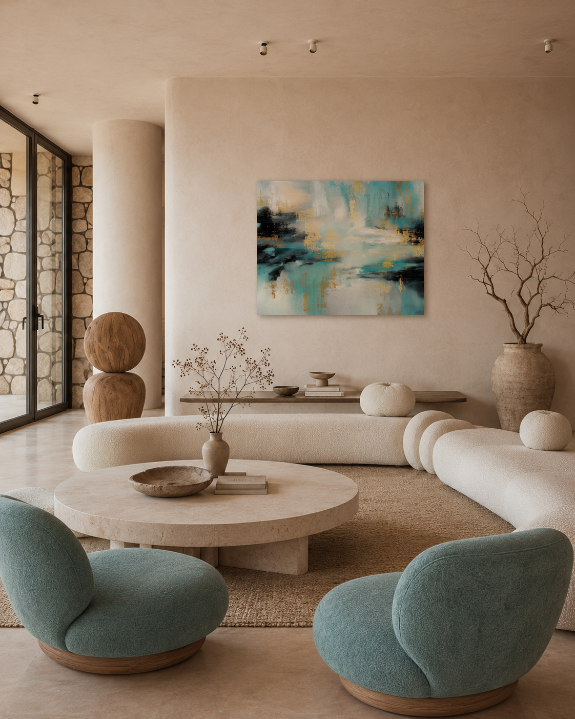 Gilded Tide teal abstract canvas print hanging above a curved sofa in a modern living room