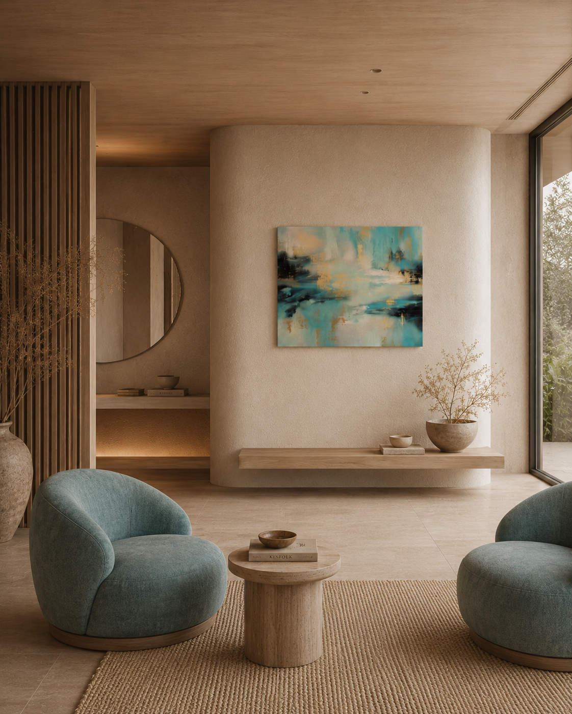 Gilded Tide canvas print in a minimalist lounge with a teal armchair and slatted wood wall