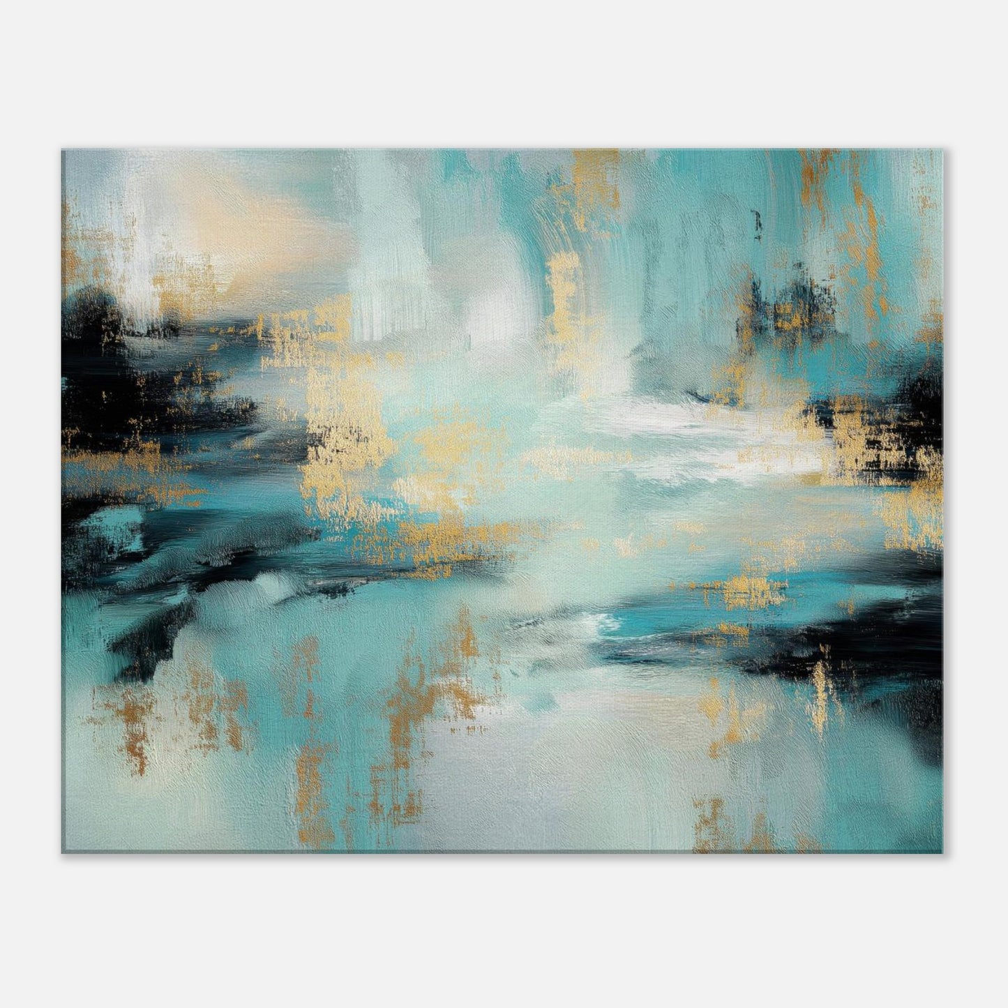 Gilded Tide modern teal abstract canvas wall art with turquoise, deep black and gold brushwork over a mirrored surface