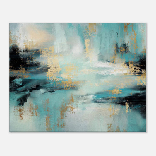 Gilded Tide modern teal abstract canvas wall art with turquoise, deep black and gold brushwork over a mirrored surface