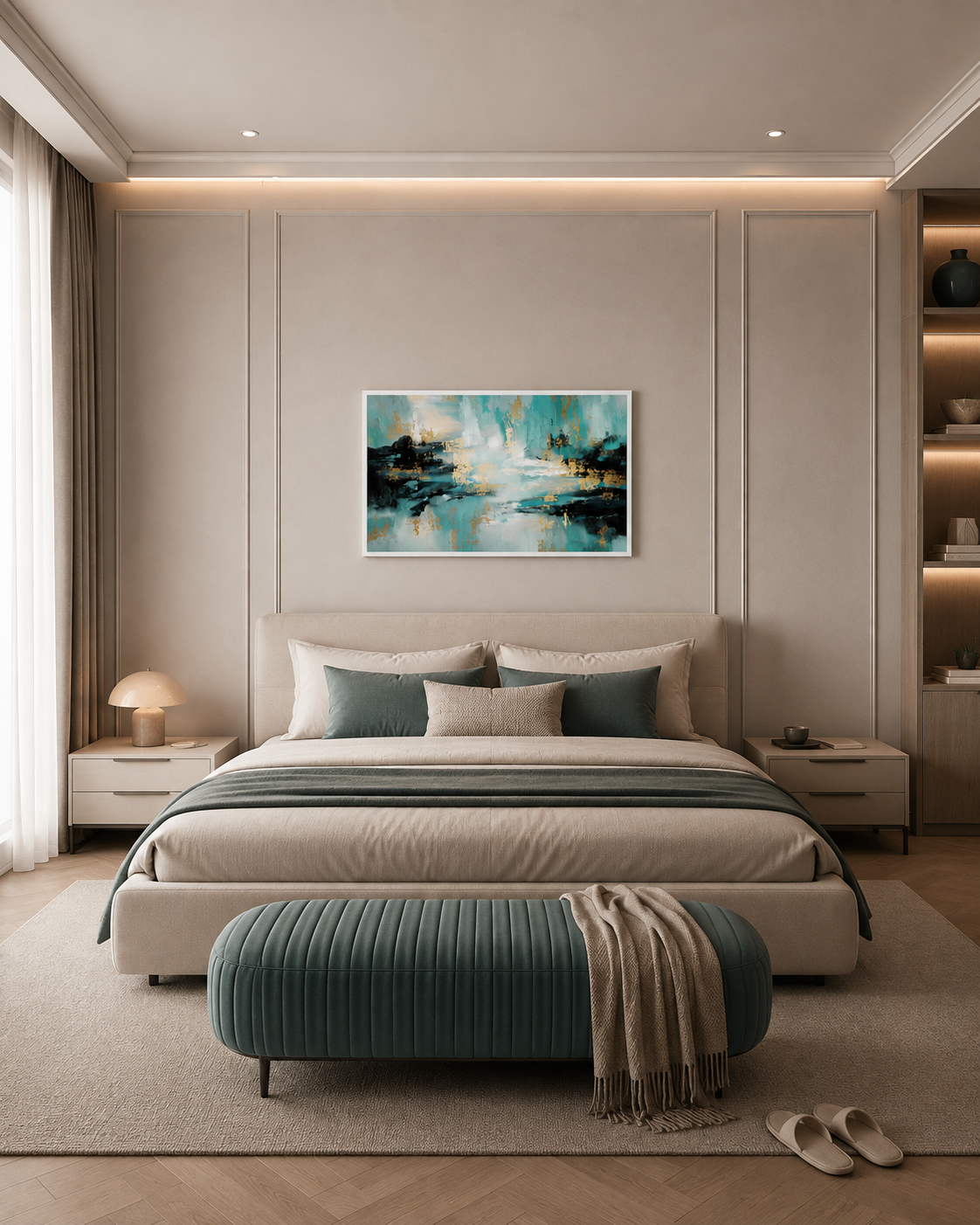 Gilded Tide framed abstract print above the bed in a warm minimalist bedroom