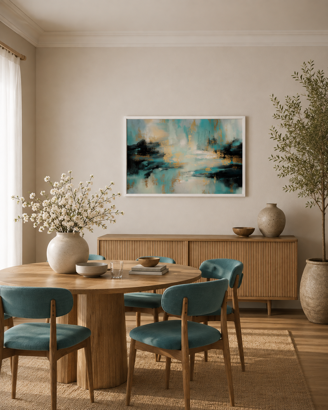 Gilded Tide framed abstract print in a dining room above a sideboard with a wooden table and teal chairs