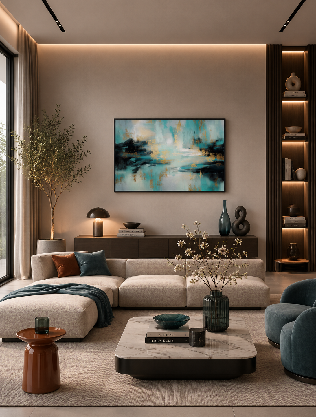 Gilded Tide framed abstract print on a living room wall above a curved sofa and dark shelving