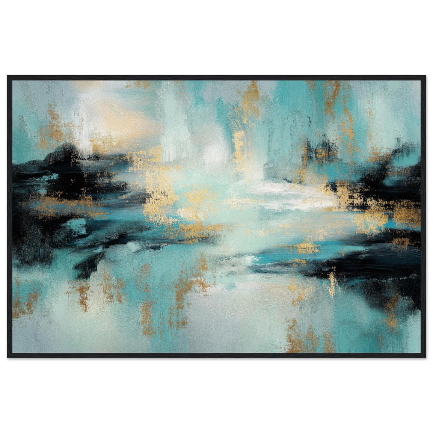 Gilded Tide teal abstract framed print in a black wooden frame