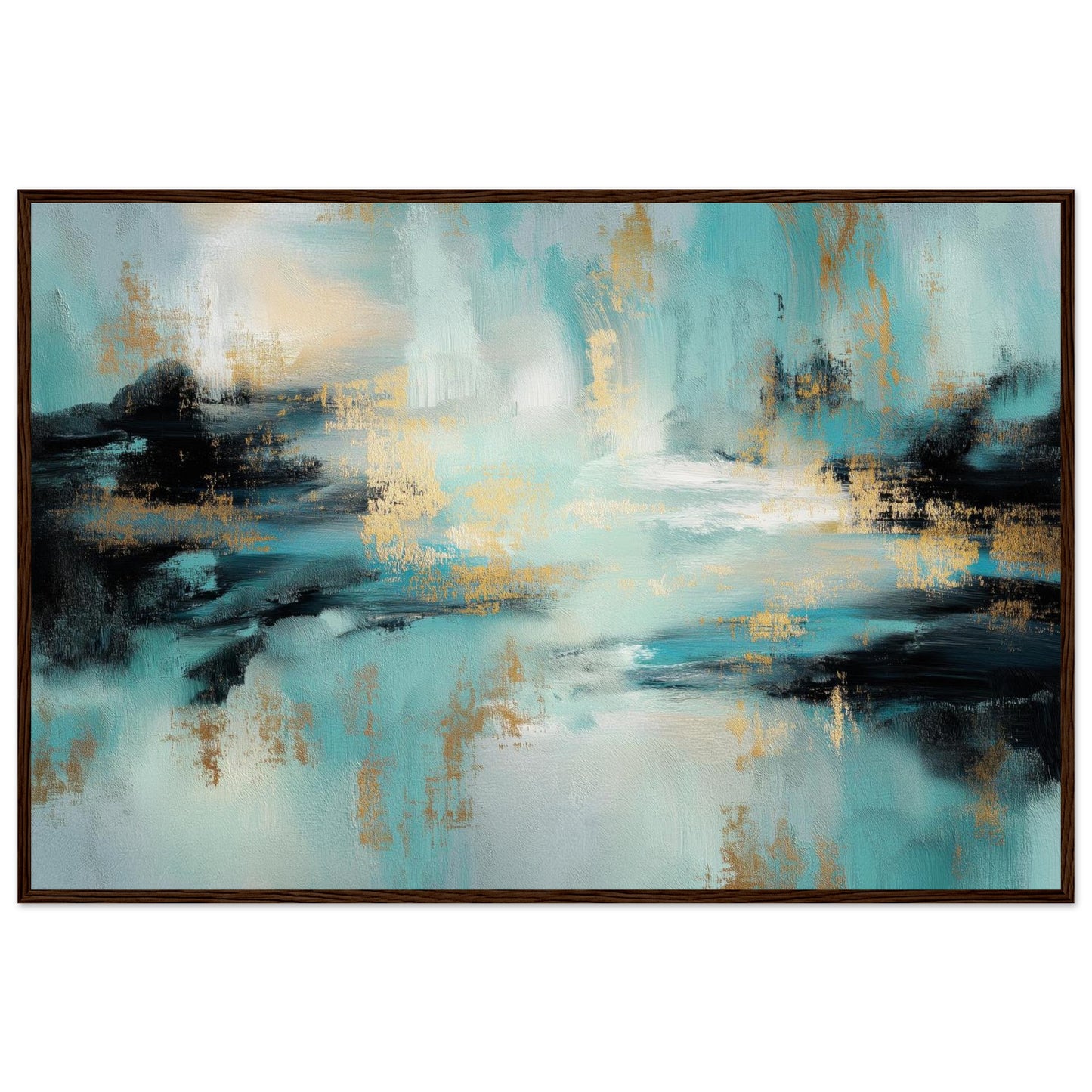 Gilded Tide teal abstract framed print in a dark brown wooden frame