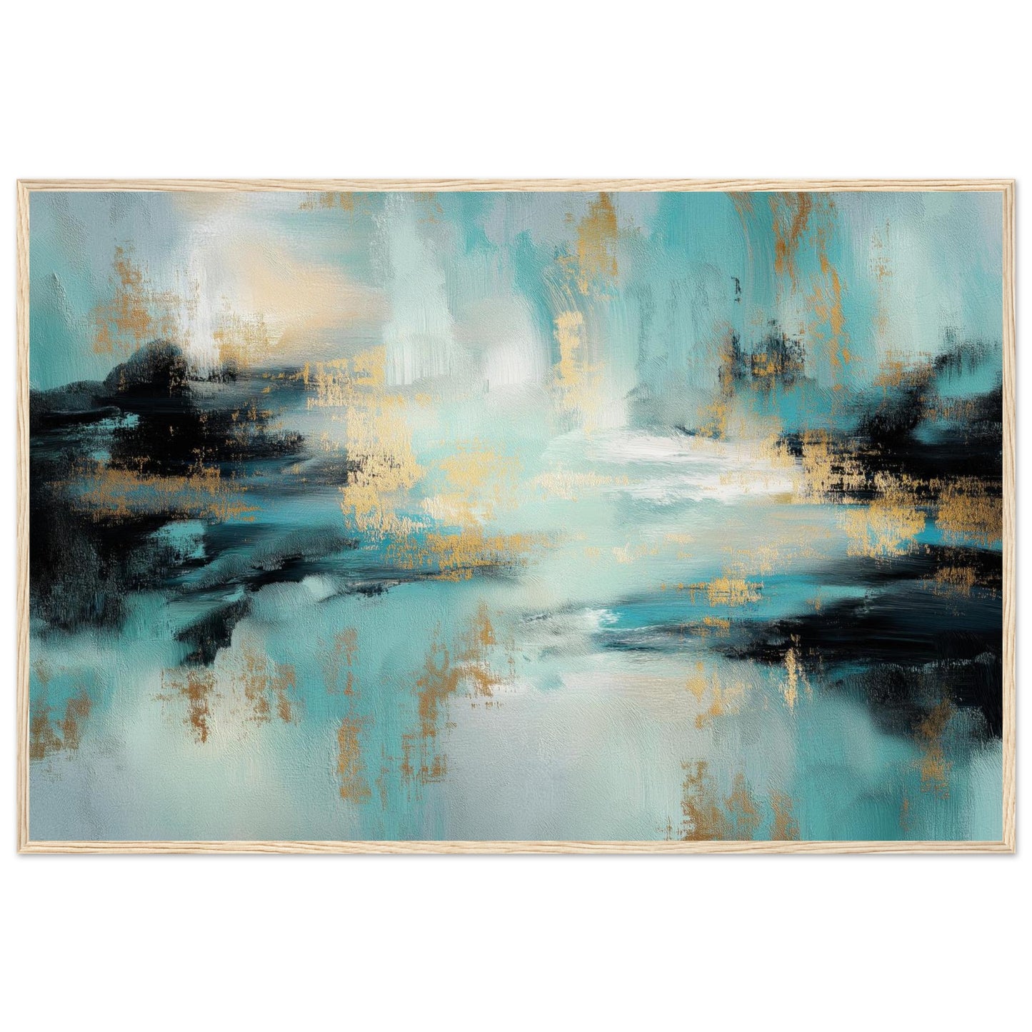 Gilded Tide teal abstract framed print in a natural wood frame