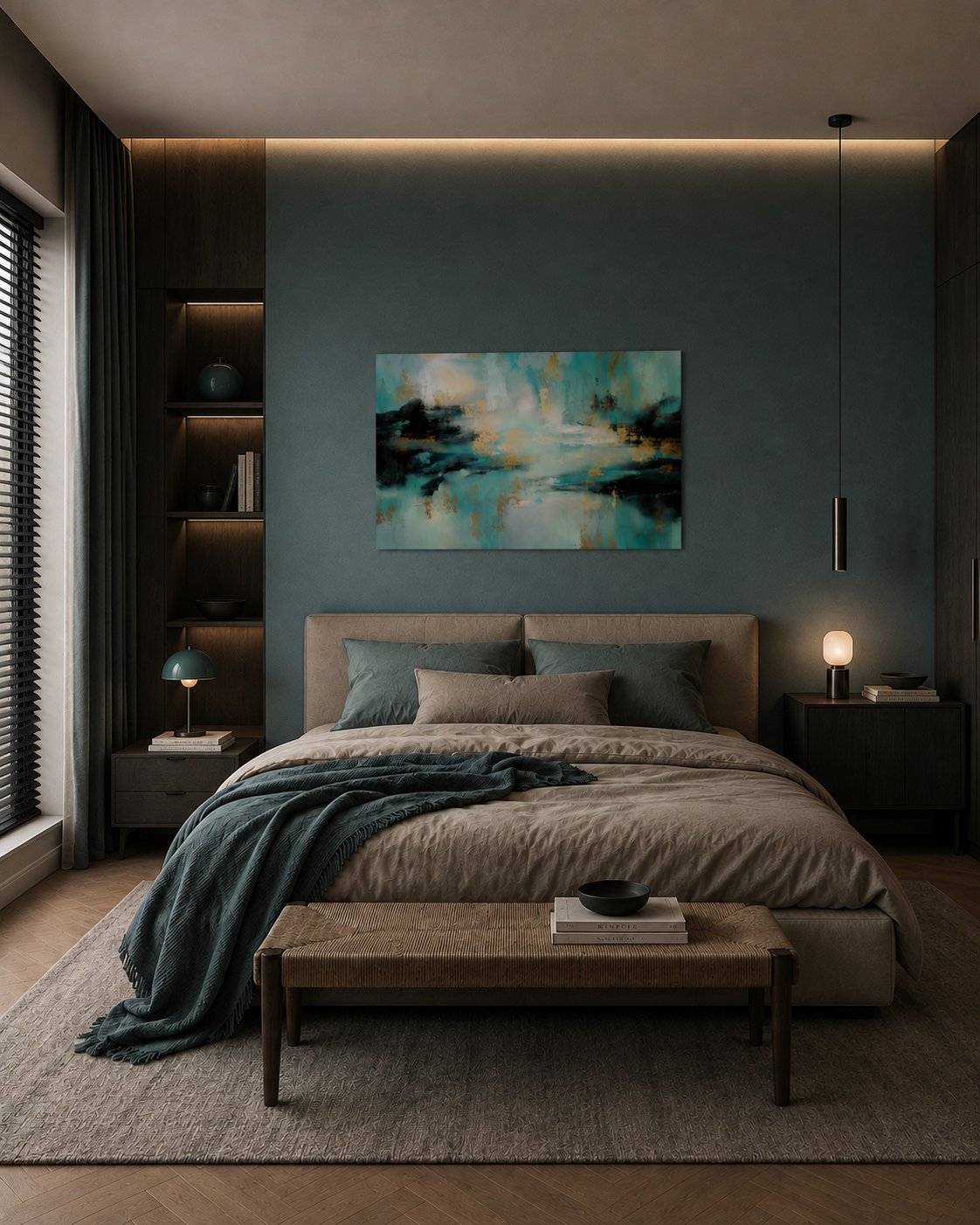 Gilded Tide abstract poster above the bed in a bedroom with a deep green wall