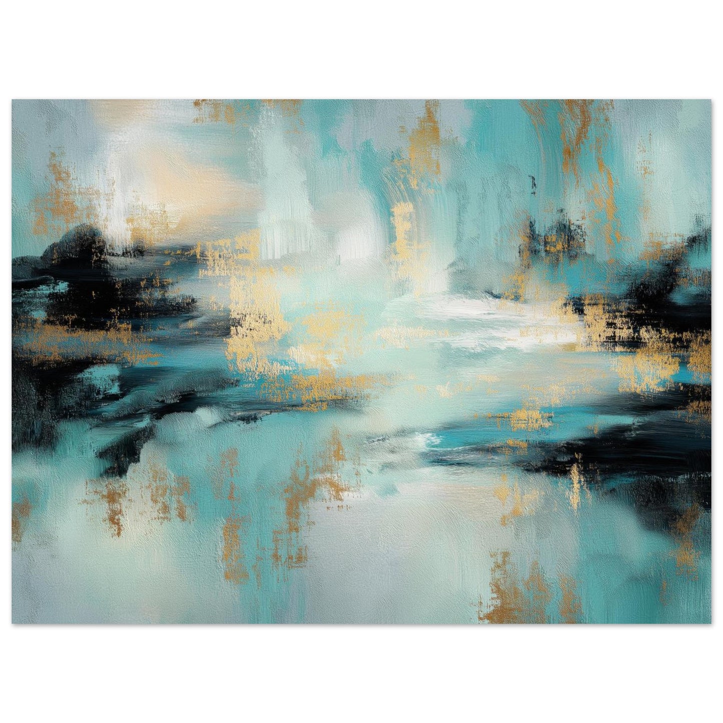 Full composition of the Gilded Tide abstract poster with dark forms above a pale turquoise reflection