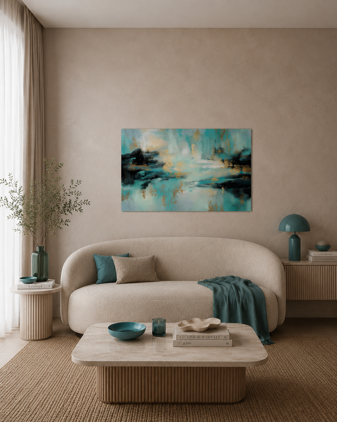 Gilded Tide teal abstract poster on a living room wall above a curved beige sofa with teal cushions