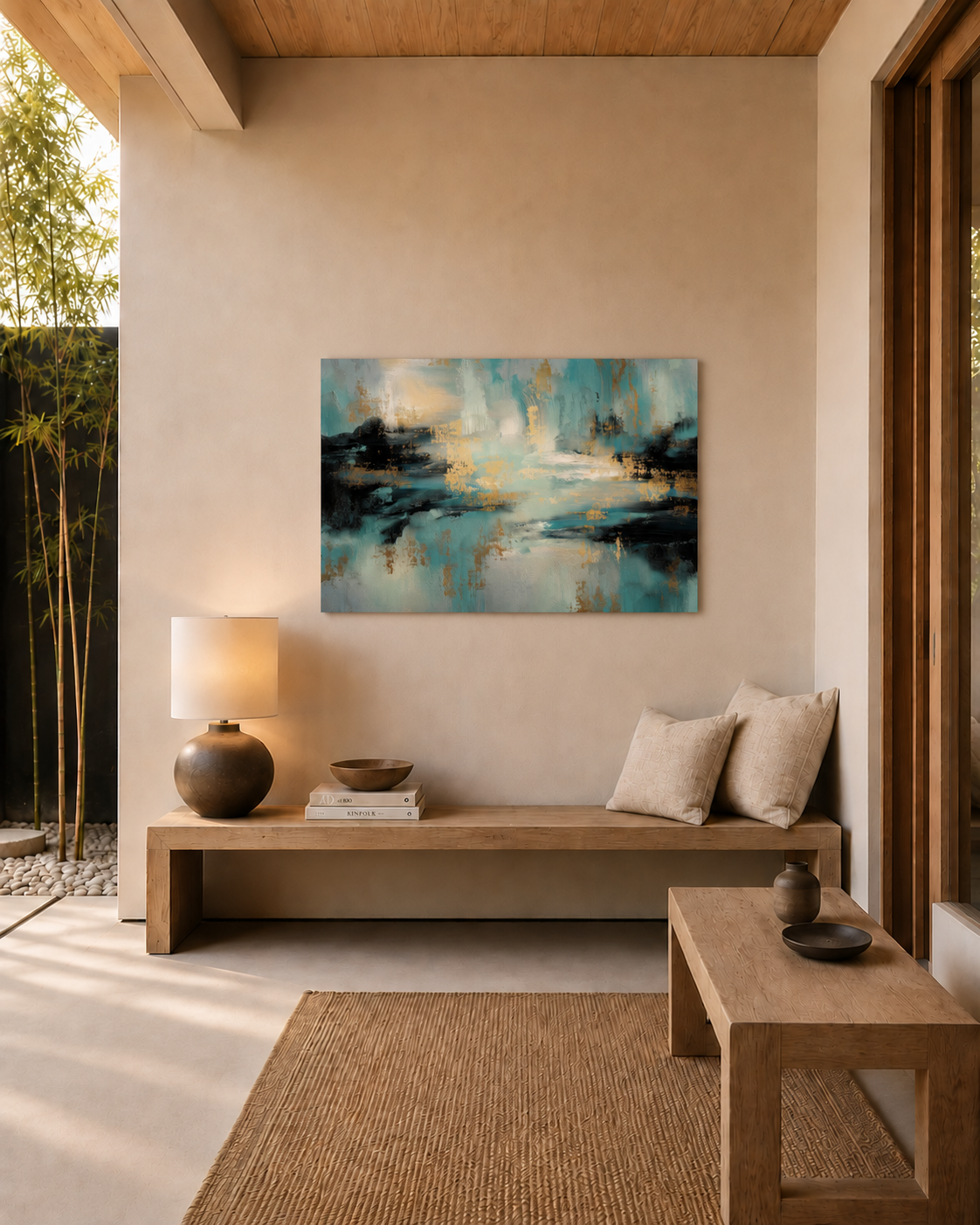 Gilded Tide abstract poster on a covered terrace wall above a low wooden bench