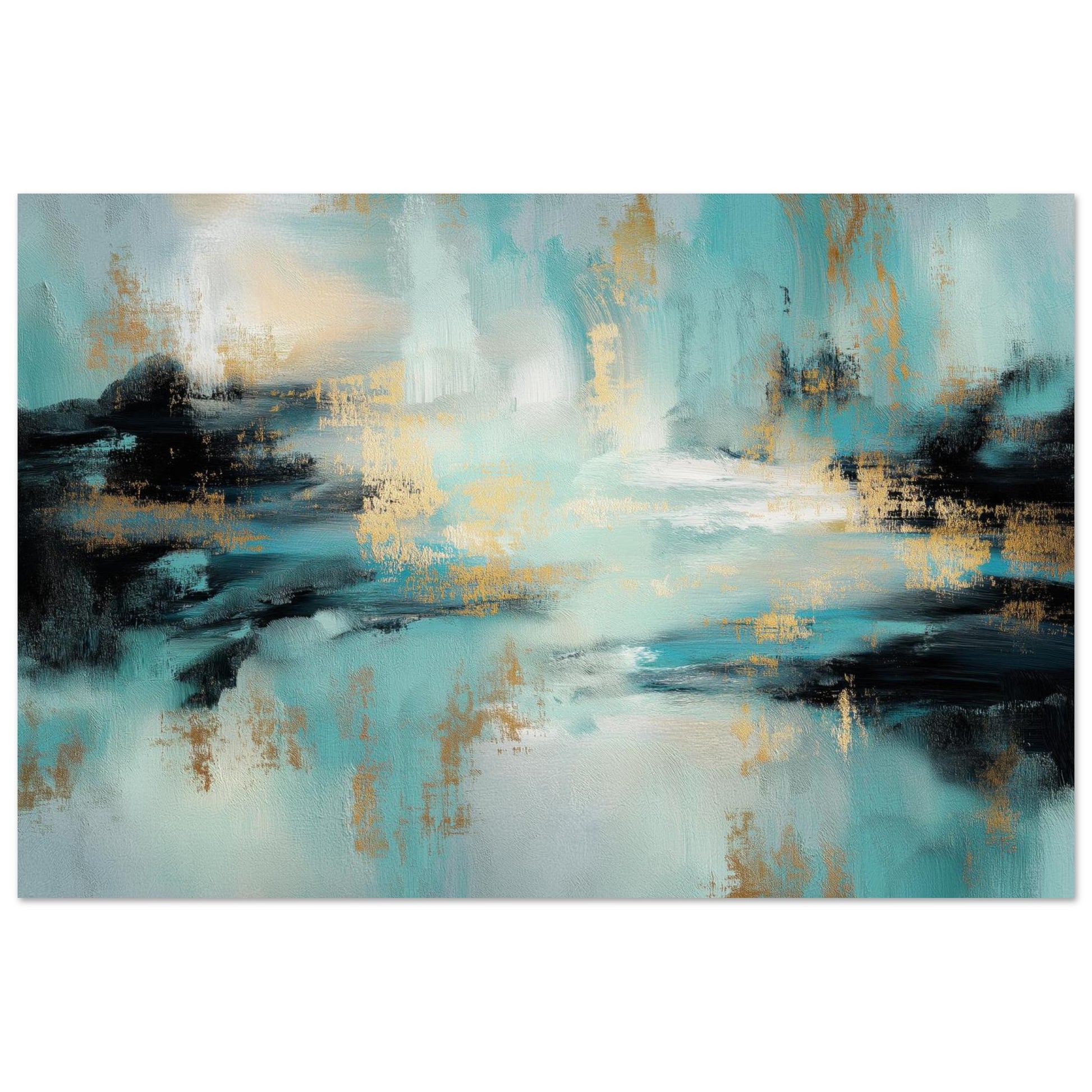 Gilded Tide modern teal abstract wall art poster with turquoise, black and gold brushwork