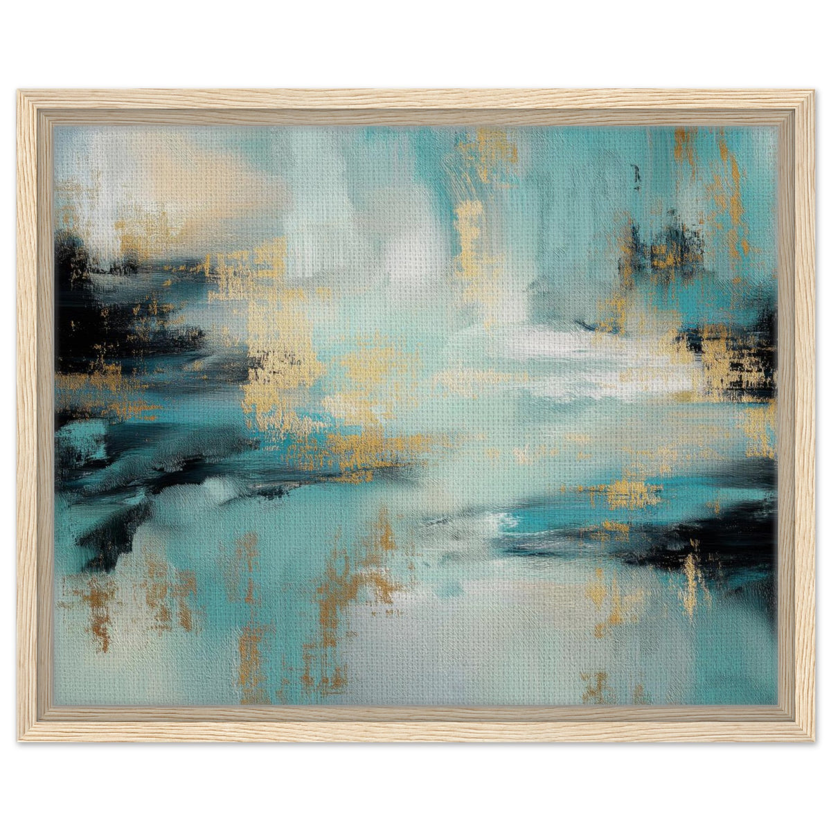 Gilded Tide teal abstract landscape framed canvas with black and gold details in a black frame