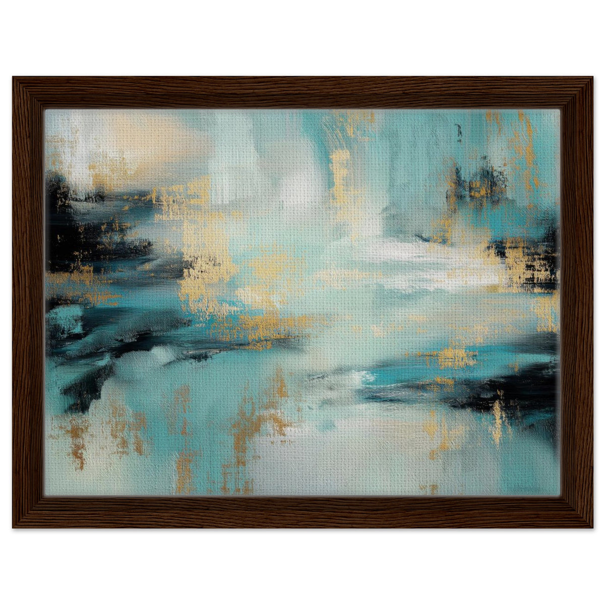 Gilded Tide teal abstract framed canvas with black and gold brushwork in a black frame