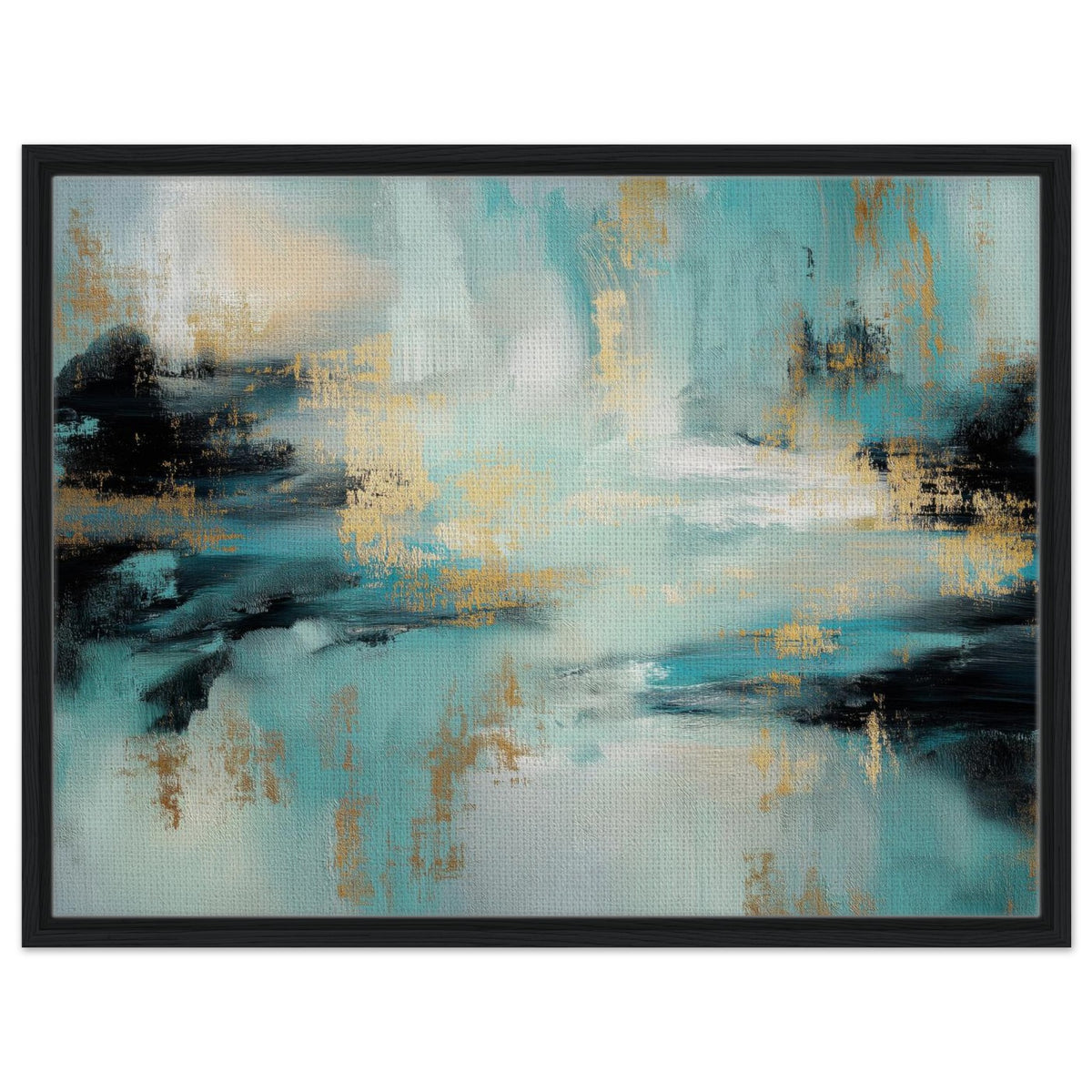 Gilded Tide teal, black and gold abstract framed canvas in a slim black frame