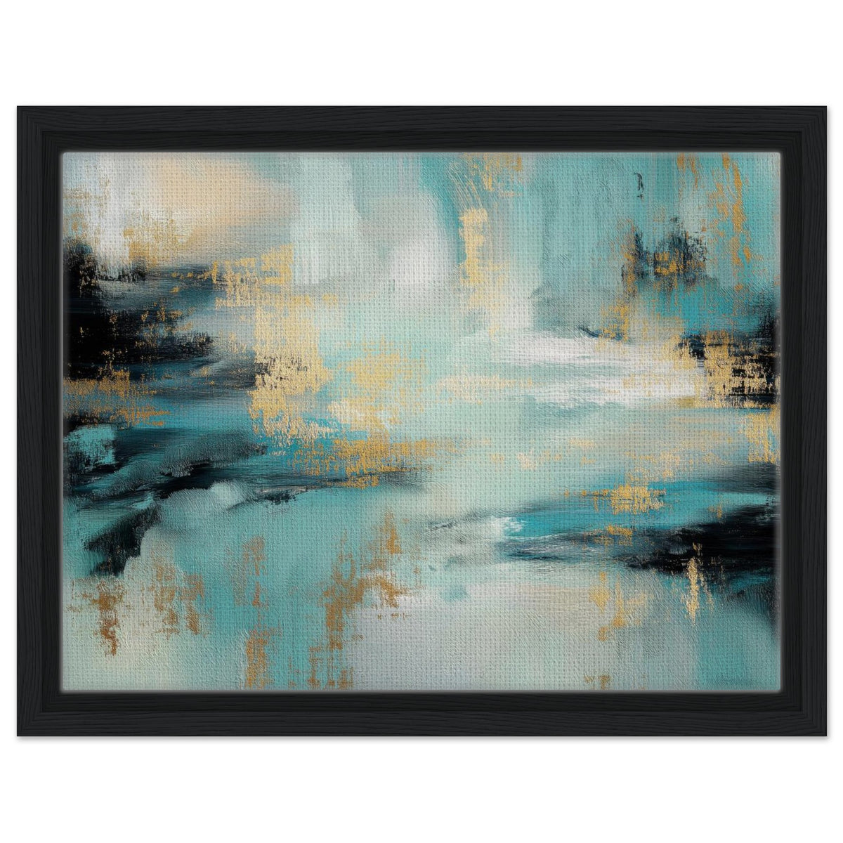 Gilded Tide teal, black and gold abstract framed canvas wall art in a black frame