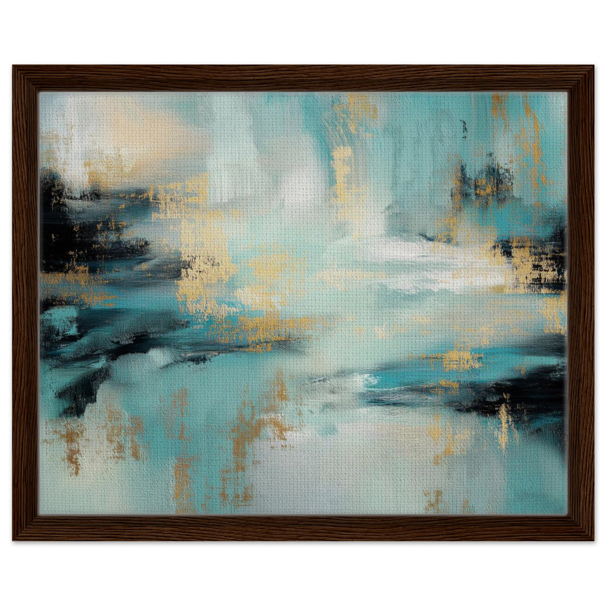 Gilded Tide teal, black and gold abstract framed canvas wall art in a dark brown wood frame