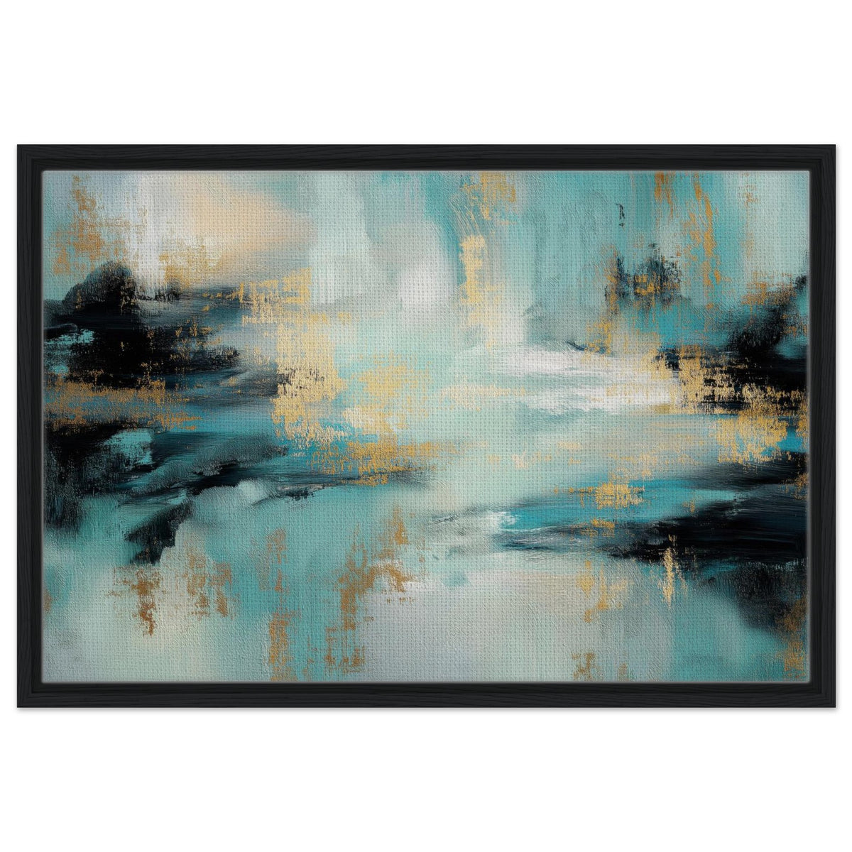Gilded Tide teal abstract landscape framed canvas with black and gold details in a dark wood frame