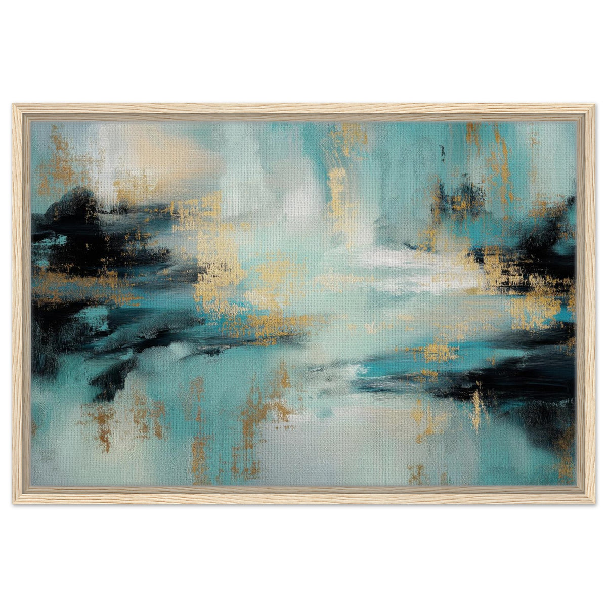 Gilded Tide teal abstract framed canvas with black and gold brushwork in a dark wood frame