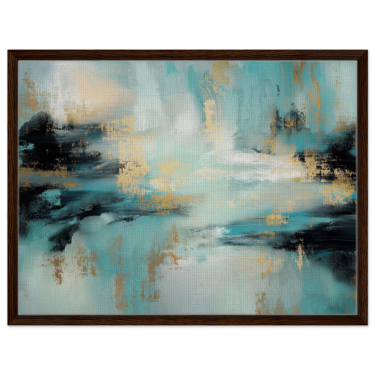 Gilded Tide teal, black and gold abstract framed canvas in a dark wood frame