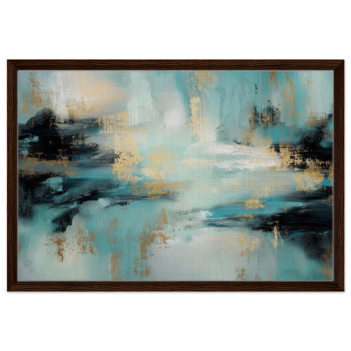 Gilded Tide teal, black and gold abstract framed canvas wall art in a dark wood frame