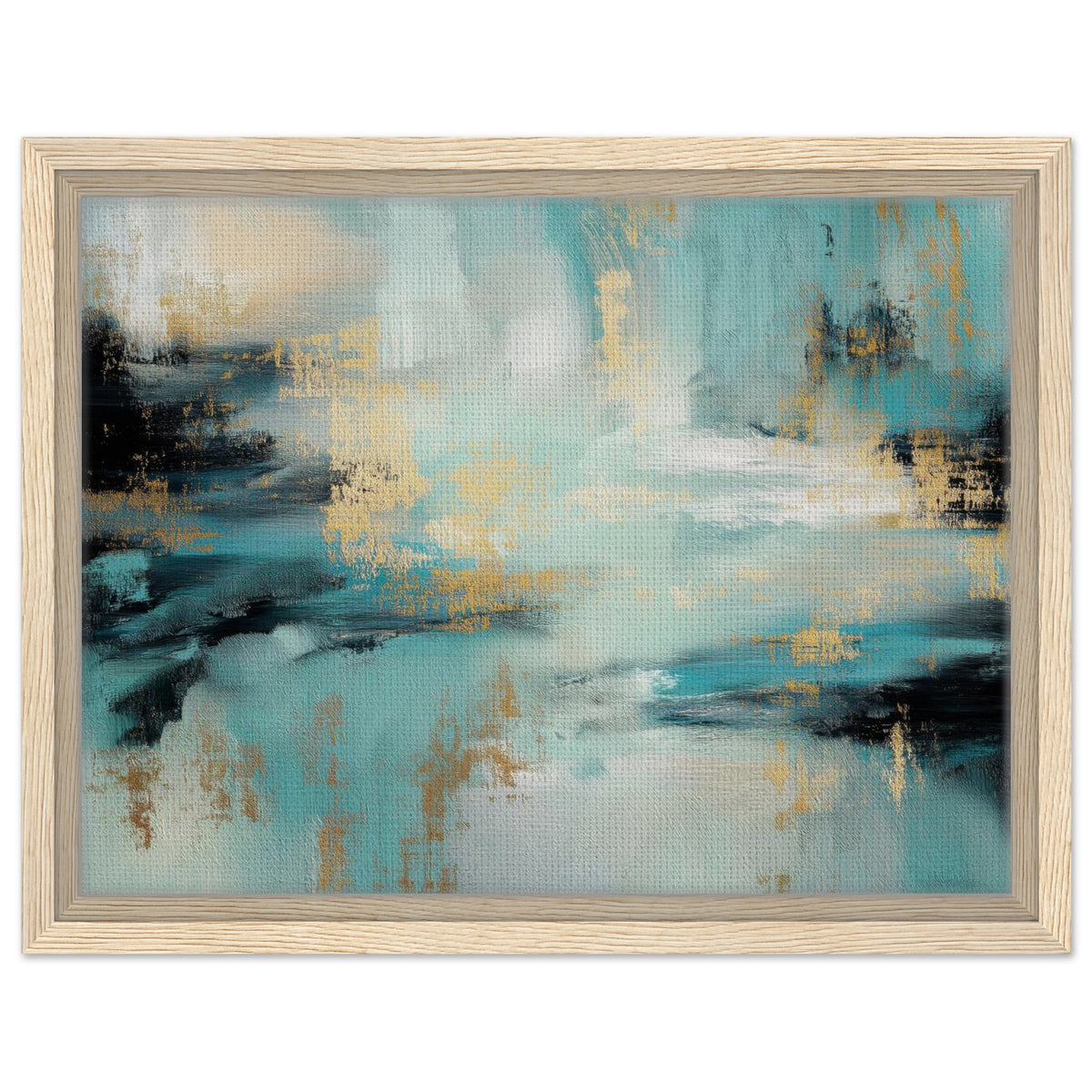 Gilded Tide teal, black and gold abstract framed canvas in a light natural wood frame