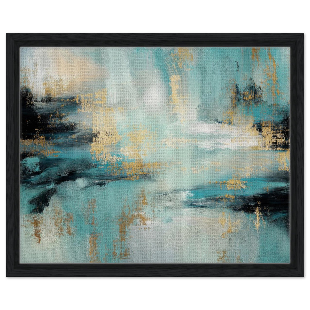 Gilded Tide teal abstract framed canvas with black and gold brushwork in a natural wood frame