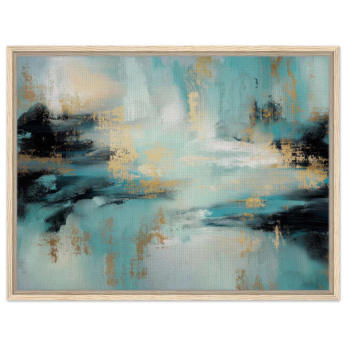 Gilded Tide teal, black and gold abstract framed canvas wall art in a natural wood frame