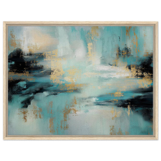 Gilded Tide teal, black and gold abstract framed canvas wall art in a natural wood frame